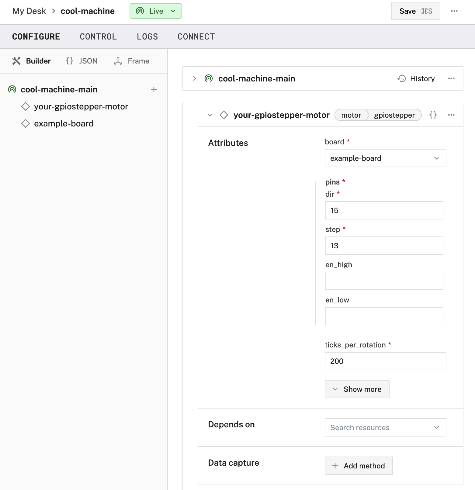 Screenshot of a gpiostepper motor config with the step and dir pins configured to pins 13 and 15.